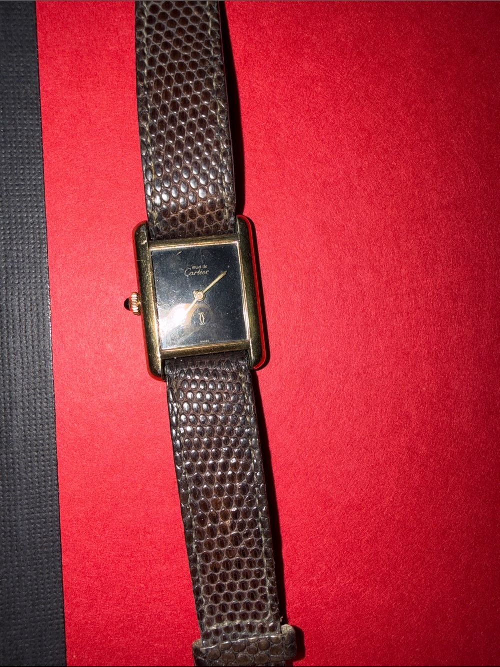 Vintage Cartier Gold-Tone Tank Watch with Brown Leather Strap and Black Dial